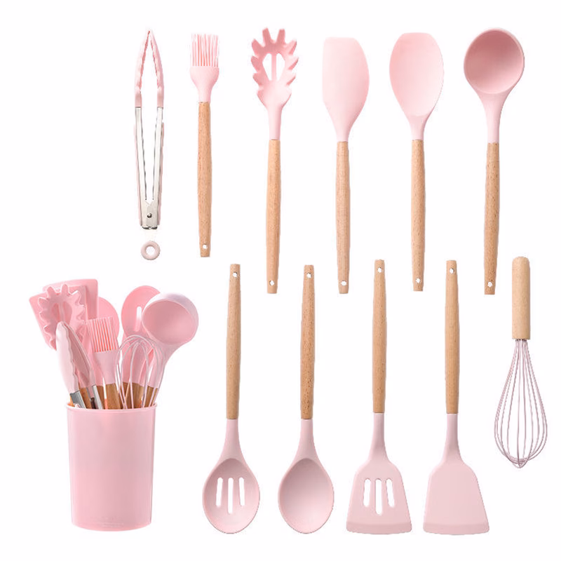 12pcs silicone cooking utensil set non stick tools with wooden handles storage box kitchen essentials ideal gift for mother wife pink