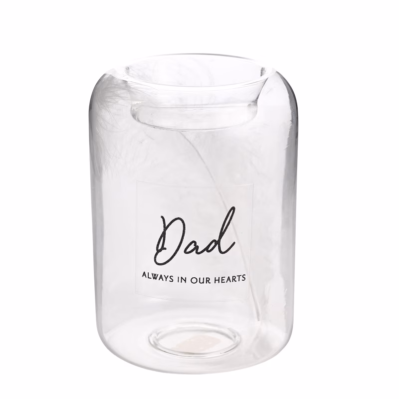 memorial tea light candle holder with feather inside glass dad in our hearts