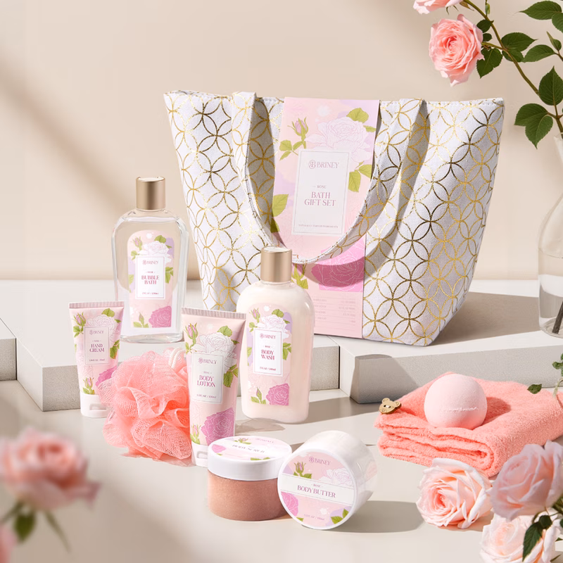 rose scented bath gift set for women 10 15 pcs luxury spa kit with tote bag bubble bath body lotion body butter hand cream self care gift basket for her mom sister friend birthday mothers day