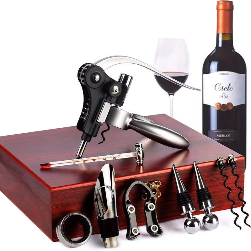 9pcs stainless steel vino opener set with elegant wood case deluxe bottle corkscrew kit no electricity required pour spouts stopper collar and extra screws