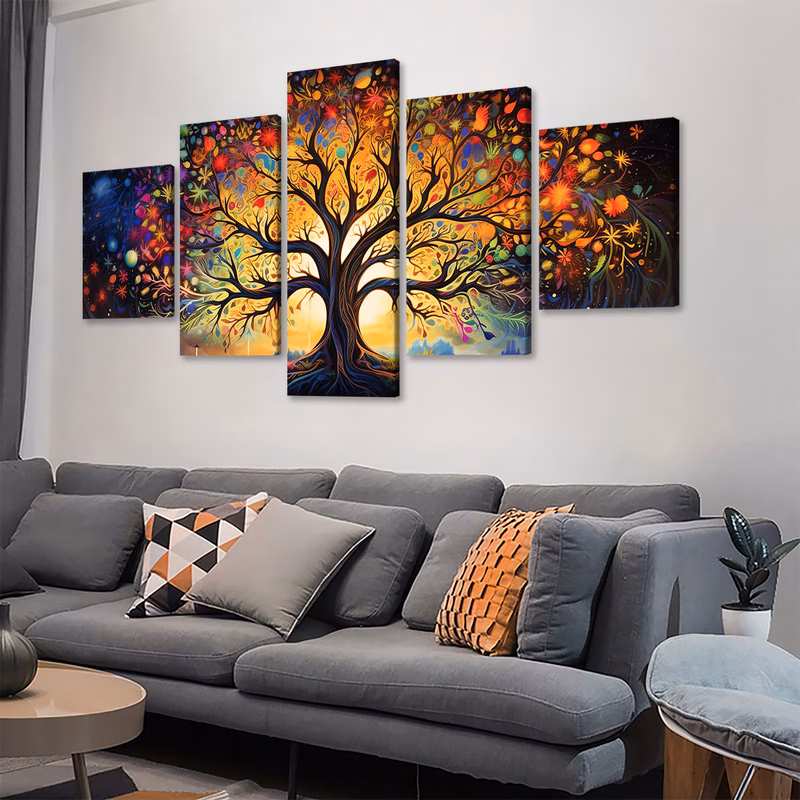 5pcs set wooden framed canvas wall art vintage botanical leaf paintings colorful tree foliage posters with wood frame horizontal ink prints for living room bedroom office decor housewarming gift set
