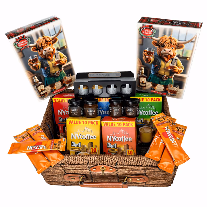 fathers day wicker hamper bundle gift set 2 x 200g assorted 5 x ny mixed coffee set 4 x jam and 4 x gourmet spread set 6x caramel sachets