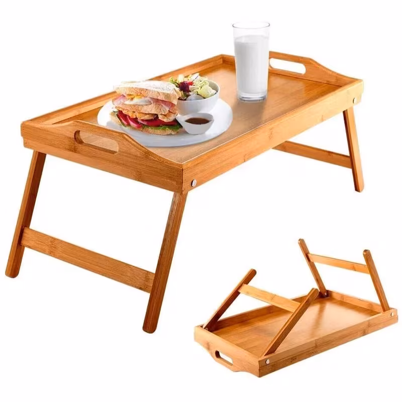 bamboo wooden tray bed table with folding legs breakfast serving laptop desk