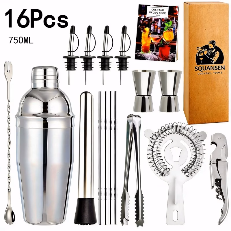 16pcs stainless steel bartender kit with 1 bartending manual bar tool set 1 750ml shaker 1 bar spoon 1 ice muddler 1 ice tong 1 ice strainer 1 bottle opener 2 4 straws 4 pourers suitable for parties b