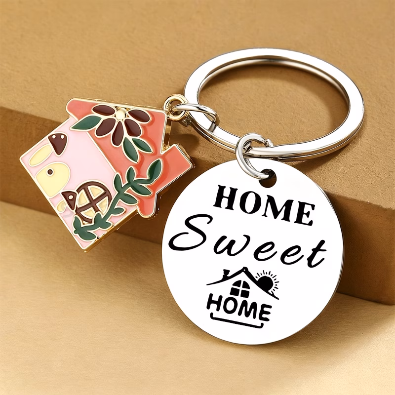 engraved keychain stainless steel round tag with enamel house pendant owner gift key ring