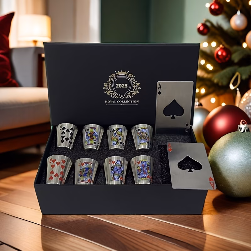 a gift box containing 10 items including whisky glasses and bottle openers