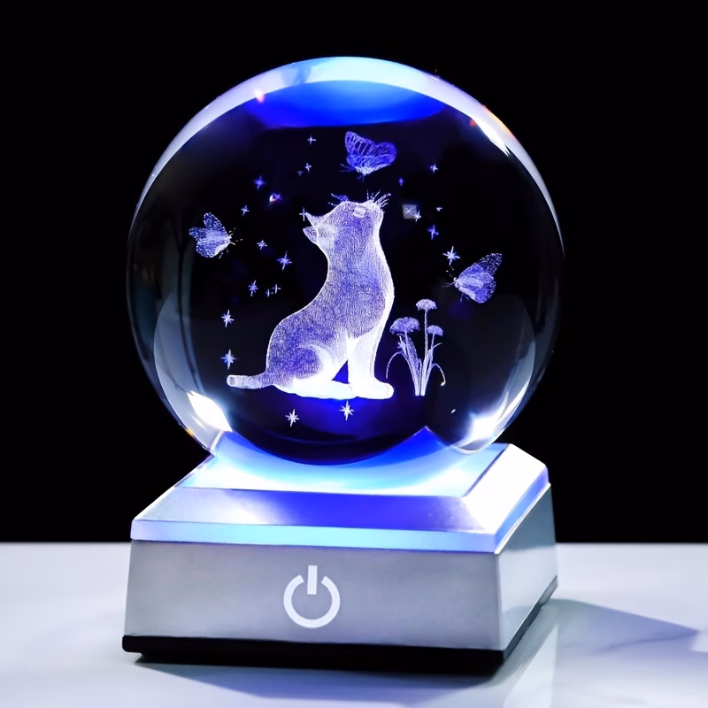 1 lover gifts for women 3d cat and figurines crystal ball with colorful led base laser engraved kitten collectibles night kitty snow globes for home decor commemorating or loss pets cat 3 15in