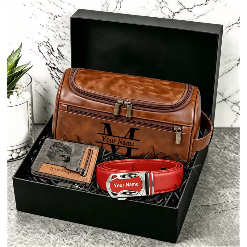 personalized custom name initial faux leather toiletry bag wallet belt gift set custom photo engraved mens shaving wash bag luxury gift box anniversary birthday valentine gift for husband boyfriend hi