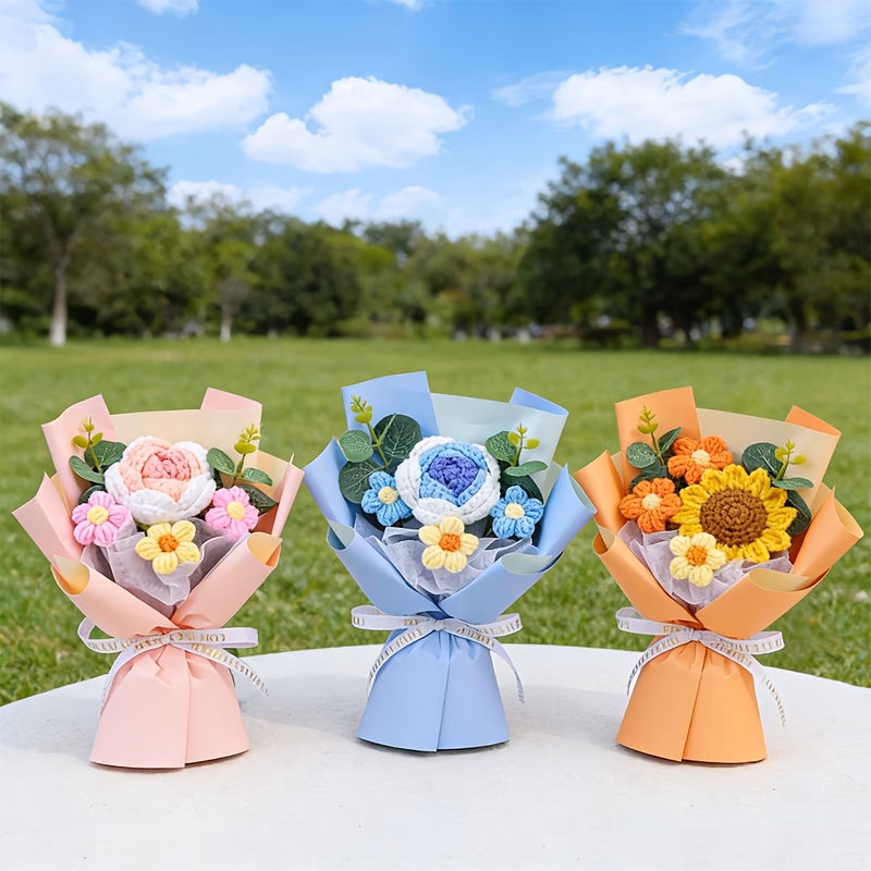 simulated faux knit rose flowers yarn rose simulated rose bouquet finished bouquet creative bouquet for valentines day christmas wedding proposal mothers day teachers day new year gift