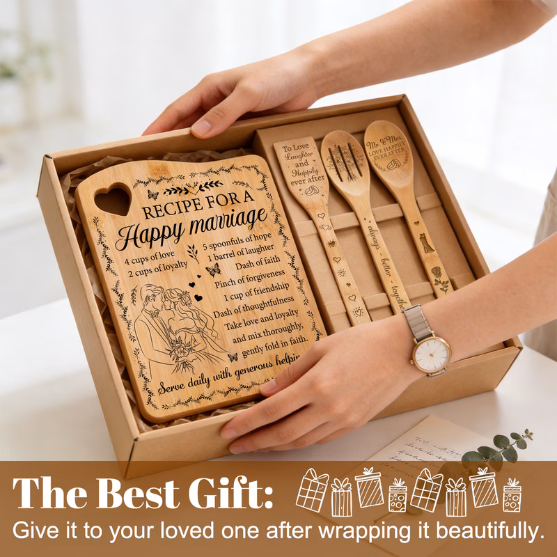 wedding gift engraved bamboo cutting board utensil set recipe for a happy marriage to love and mr mrs bridal shower engagement for couple