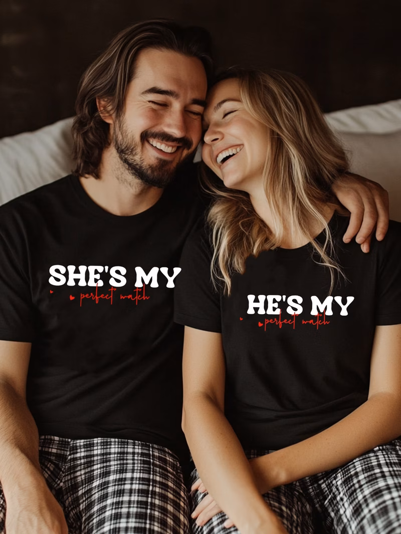1pc s couple cotton pajama t shirts my hes print comfortable knit fabric casual crewneck for valentines day gifts anniversaries or relaxing at home romantic gift idea print machine washable