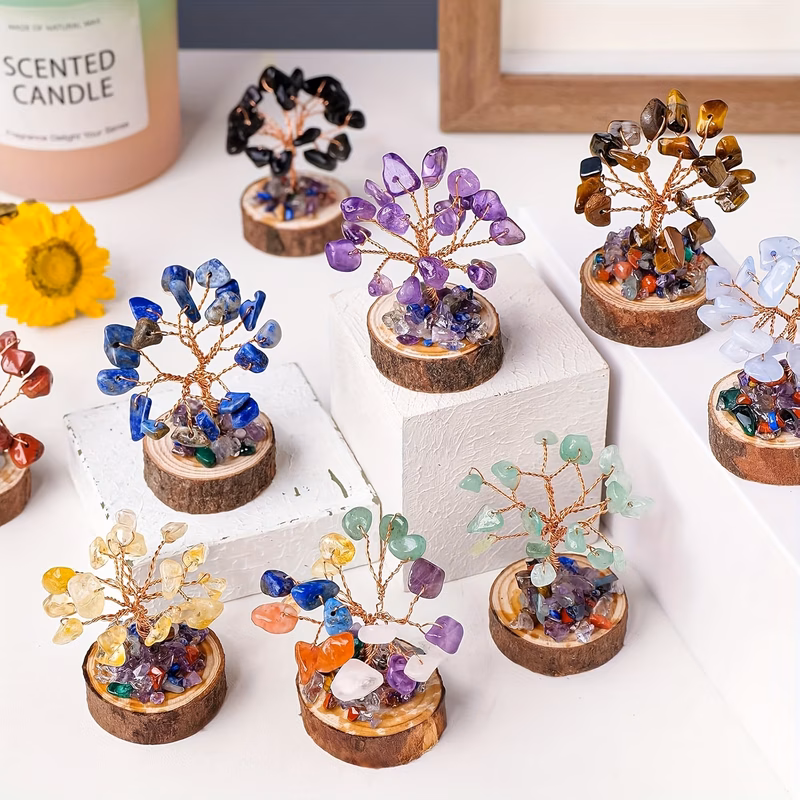 12pcs crystal tree of life set mini 7 chakra crystals trees positive tree for home and office desk handcrafted natural stones tree good luck gifts for women