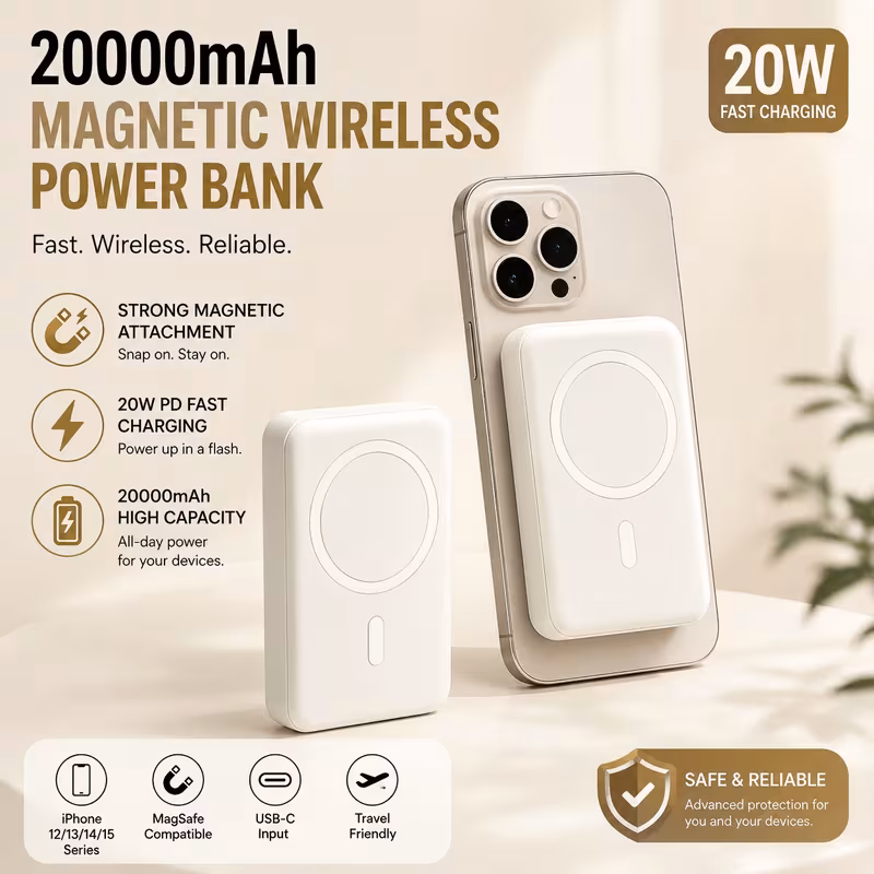 20000mah magnetic power bank supports 20w fast charging compatible with wireless and wired charging new model for 2026