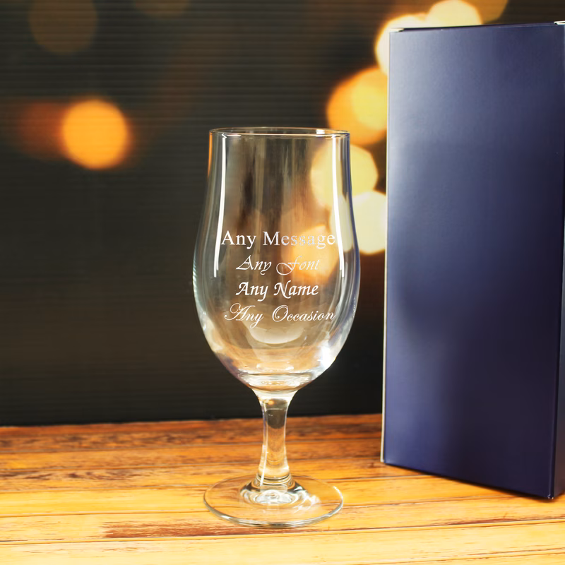 personalised engraved 20oz stemmed pint cider glass personalise with any message gift box included laser engraved