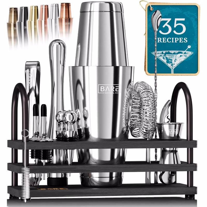 cocktail making kit 14pcs bartender kit cocktail shaker set maker display stand and 35 recipe cards mixology cocktail gift set 800ml 28oz boston shaker silvery black stylish bartender tools premium co