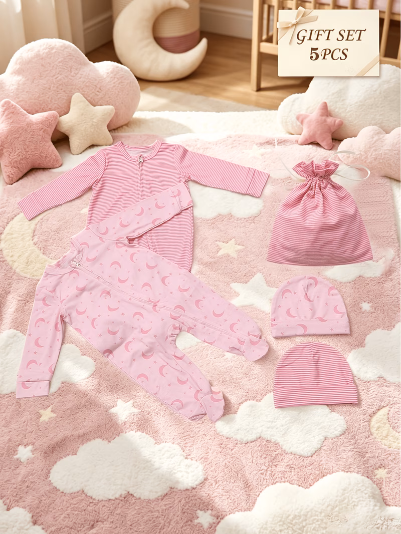 5pcs gift baby girl newborn starter soft material footless romper and hat gift for infants for outdoor