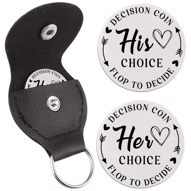 1 set his hers decision keychain double sided metal flipper with labels couples gift for wedding anniversary valentines day game accessory with heart cutouts black case compatible with standard weddin