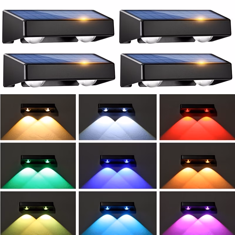 2 4 pack solar fence lights rgb warm white cold white solar fence lights with 9 color solar wall lights outdoor deck lights auto on off dusk to dawn solar garden lights for wall yard patio railing dec