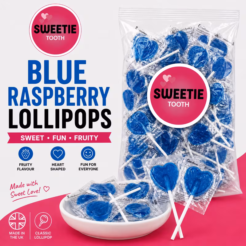 heart shaped blue raspberry lollipops classic british lollipops individually wrapped friendly in 20 50 100 200 pack wedding favours party bag fillers birthday treats tooth