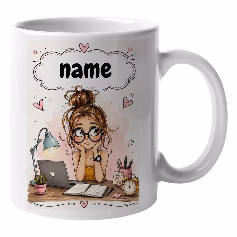 custom name ceramic coffee mug personalised cute study girl laptop desk graphic tea cup 11oz woman with glasses print drinkware unique birthday gift for her women students friends co workers novelty o