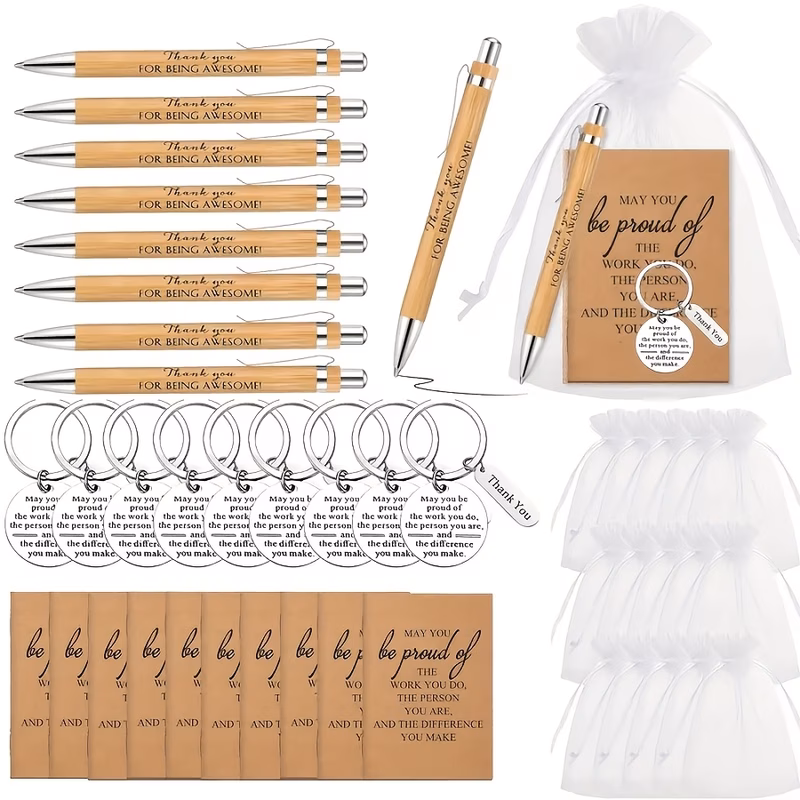 40pcs 10sets team gifts employee appreciation gifts gifts 10pcs bamboo pens and 10pcs pocket inspirational notebooks with 10pcs inspirational keychains office gifts for staff volunteer nurse teacher c