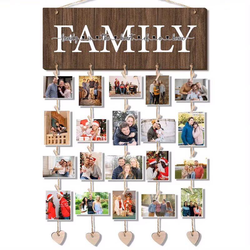 1 set 1 frame modern art deco hanging photo display stand with clips artificial wood wall mounted picture frame suitable for any room decor space saving photo plaque for grandparents holiday gift for