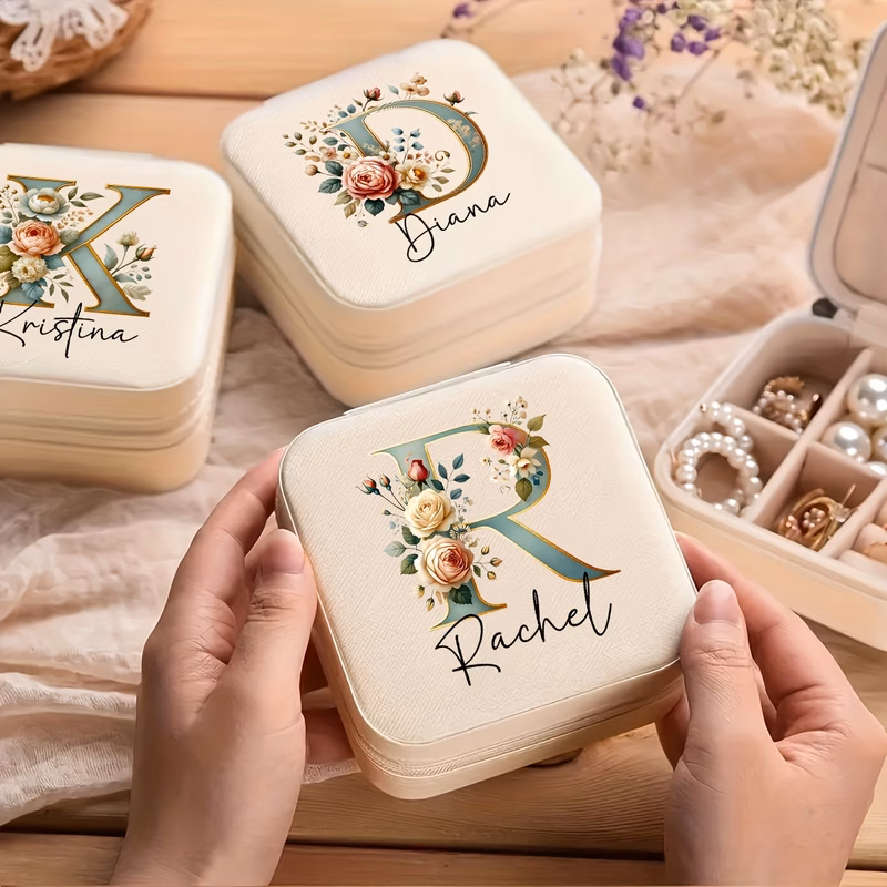 1pc personalized name letter jewelry box trendy floral letter multi color faux leather travel portable earring ring storage organizer wedding gift jewelry case party gift suitable for outdoor commutin