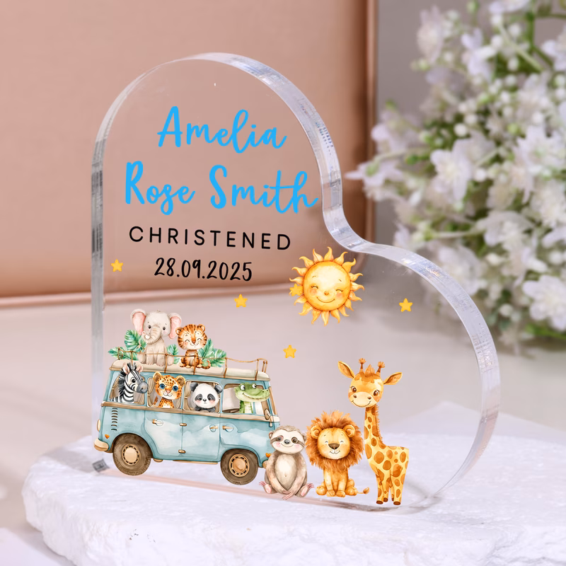 2d flat personalized jungle animal christening heart acrylic block custom name date keepsake gift