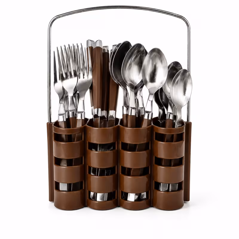 24pcs stainless steel tableware set with brown green black handles set with utensil holder for home use restaurant serves for 6 people