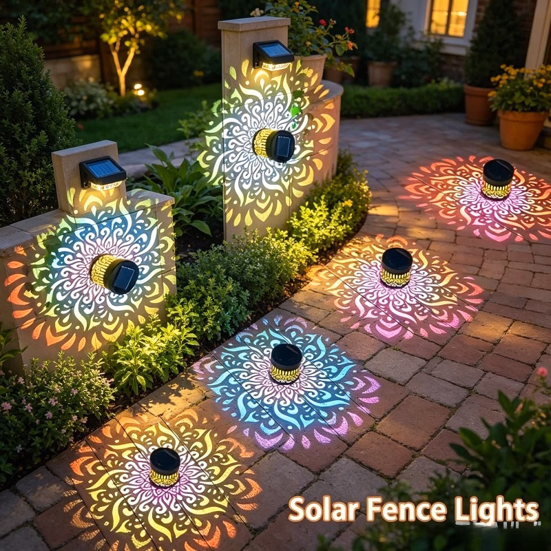 2pcs set solar light x 1pc and pattern projection cage x 1pc colorful mandala theme solar light outdoor fence projection wall light multi colored mandala theme solar light suitable for staircase