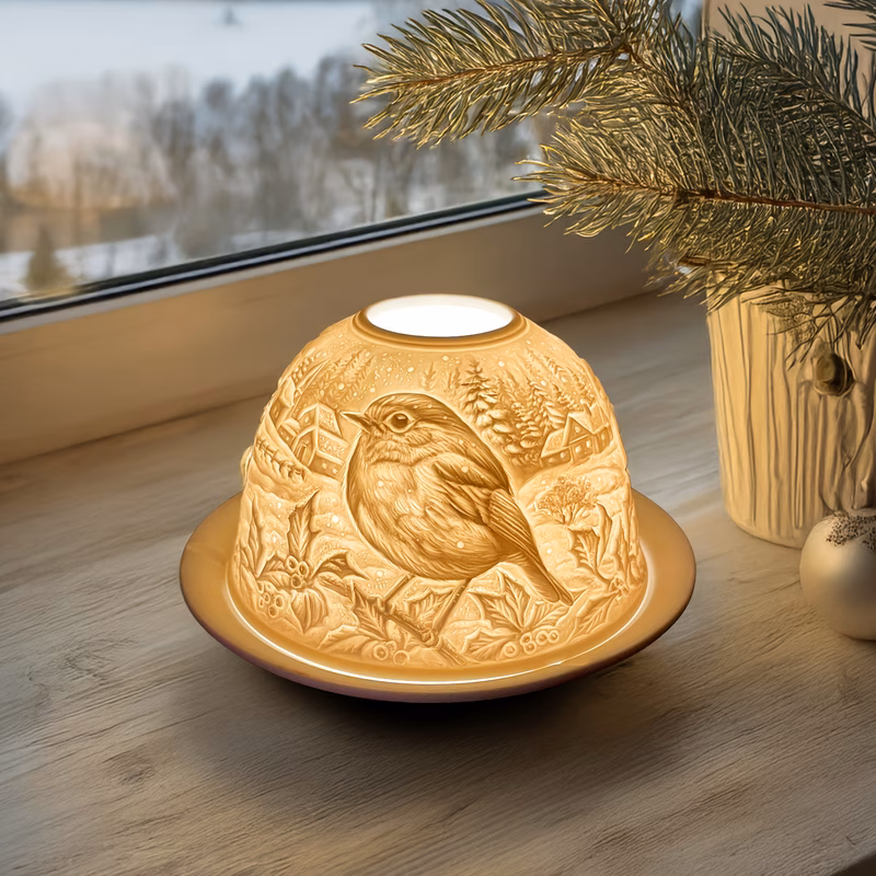 ceramic dome tealight holder set of shade plate robin bird in winter stunning candle holder a 3d image gifts for christmas christmas ornament living dining room table home decor accessories