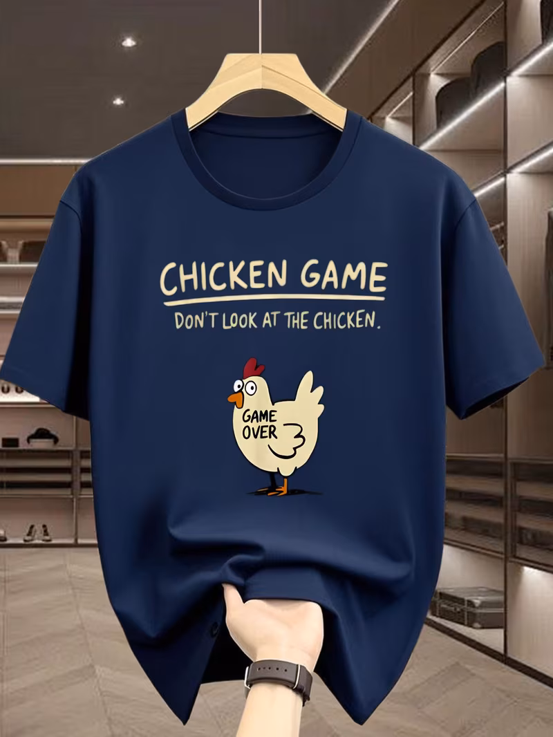 mens funny chicken print t shirt dont look at game over casual short sleeve round neck top with humorous suitable for parties casual attire machine washable novelty tee