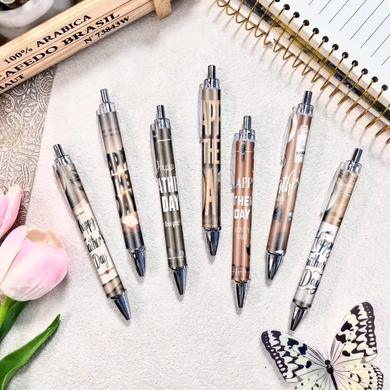 7pcs fathers day wooden background black and golden ballpoint pen strap watch and tie element office stationery set retractable fine point for suitable as a fathers day gift or writing tool