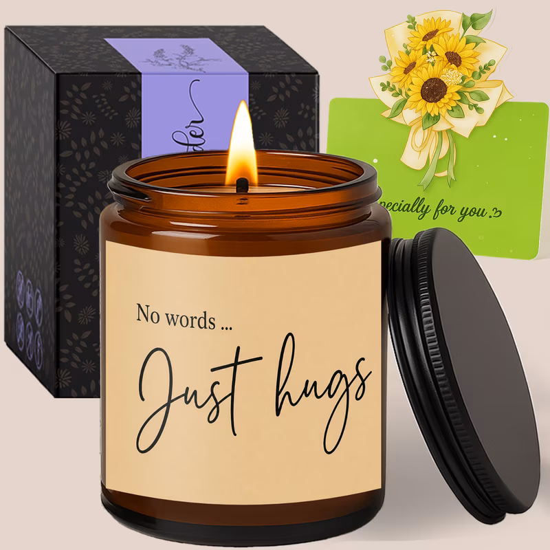 minimalist sympathy themed candle just hugs quote 1pc scented candle for home office decor jar candle candle birthday gifts sympathy gift gifts for friend family coworker her him for home office decor