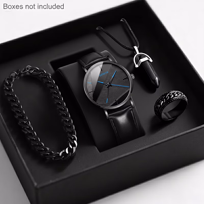 mens luxury quartz watch and jewelry set black chronograph wrist watch with matching bracelet necklace and ring digital small dial gift box packaging suitable for occasions such as birthdays