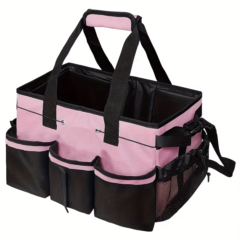 1pc large capacity multifunctional cleaning tool organizer tote durable oxford fabric utility bag with side mesh pockets secure pockets and trash bag dispenser