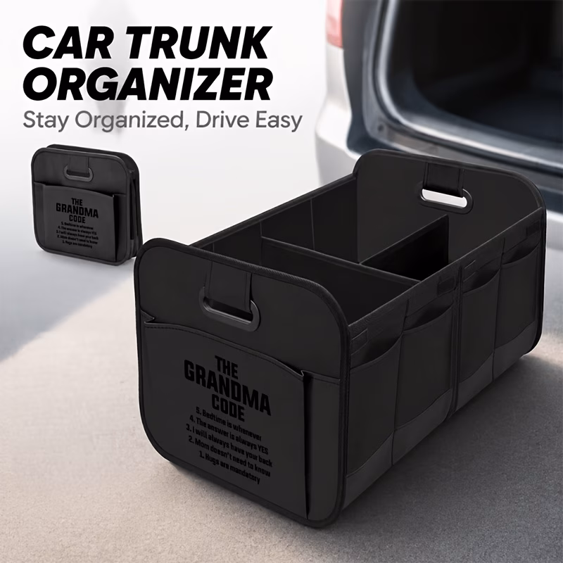 1pc the grandma code pattern print car folding storage box black minimalist luggage organizer space saving dust proof durable oxford material ideal for travel vehicle organization vehicle organization