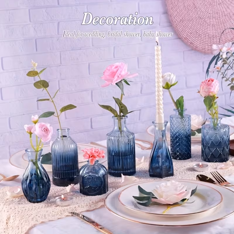 a set of 12 blue green glass bud vases mini retro floral vases for wedding desktop decoration home floral arrangement and event decoration