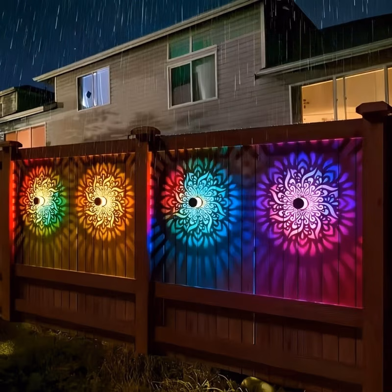 2 4 6 pack solar wall lights color changing and warm white mysterious mandala metal hollow lamps for outdoor porch fence farmhouse lawn patio garden table atmosphere decoration beautiful ornaments for