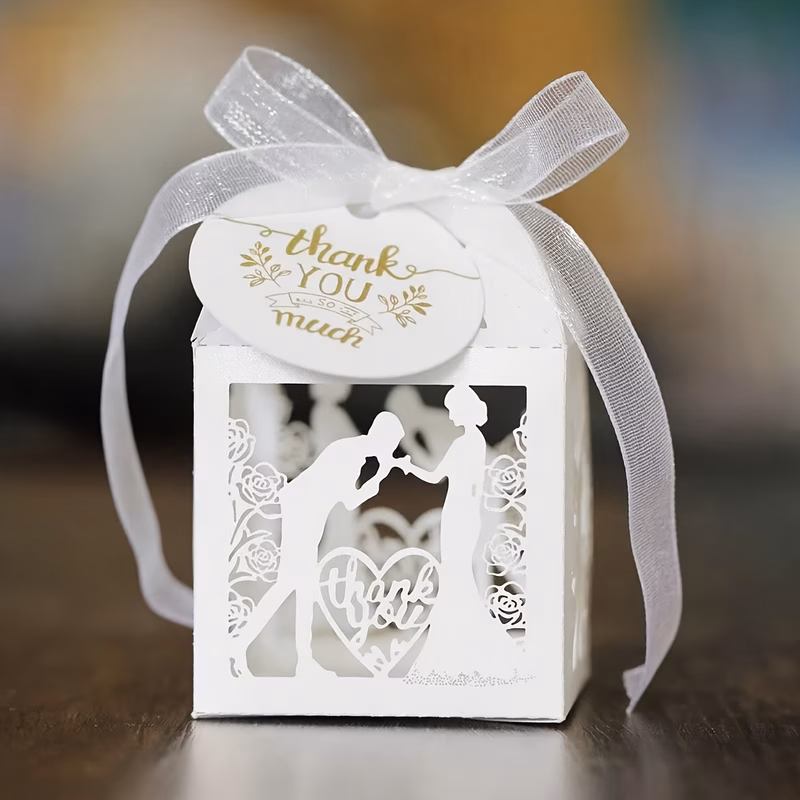 gift for her him 50pcs pack wedding white gift boxes with ribbon thank you tag for bride and groom romantic laser cut hollow design valentines day anniversary gift boxes small paper square boxes for p