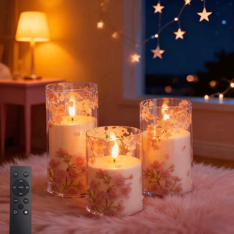 valentines day 3pcs set acrylic rechargeable remote electronic candle cherry pattern warm candlestick bedroom proposal living room decoration atmosphere gadget long dimming