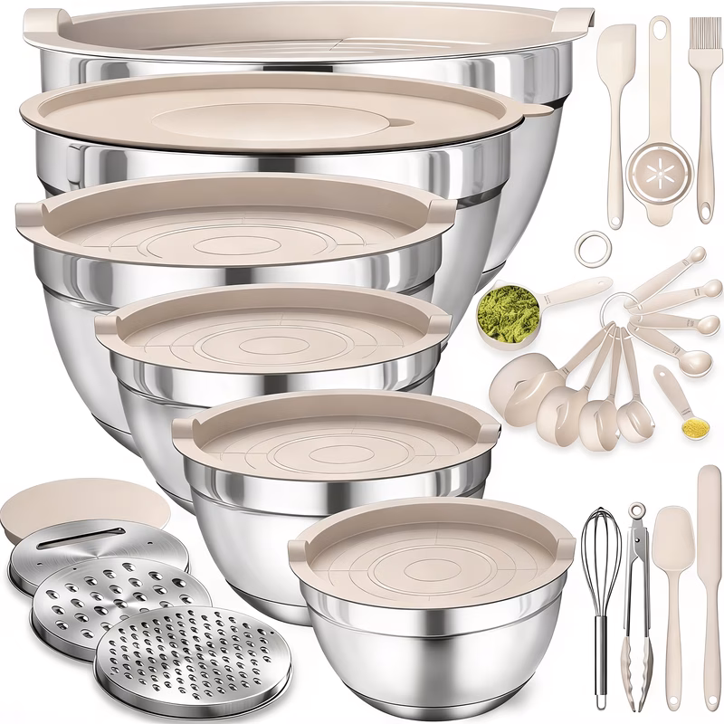 18pcs stainless steel mixing bowl set with khaki lid scraper egg separator mixer spatula brush and spoon kitchen utensil set for mixing and serving food suitable for kitchen baking dishwasher washable