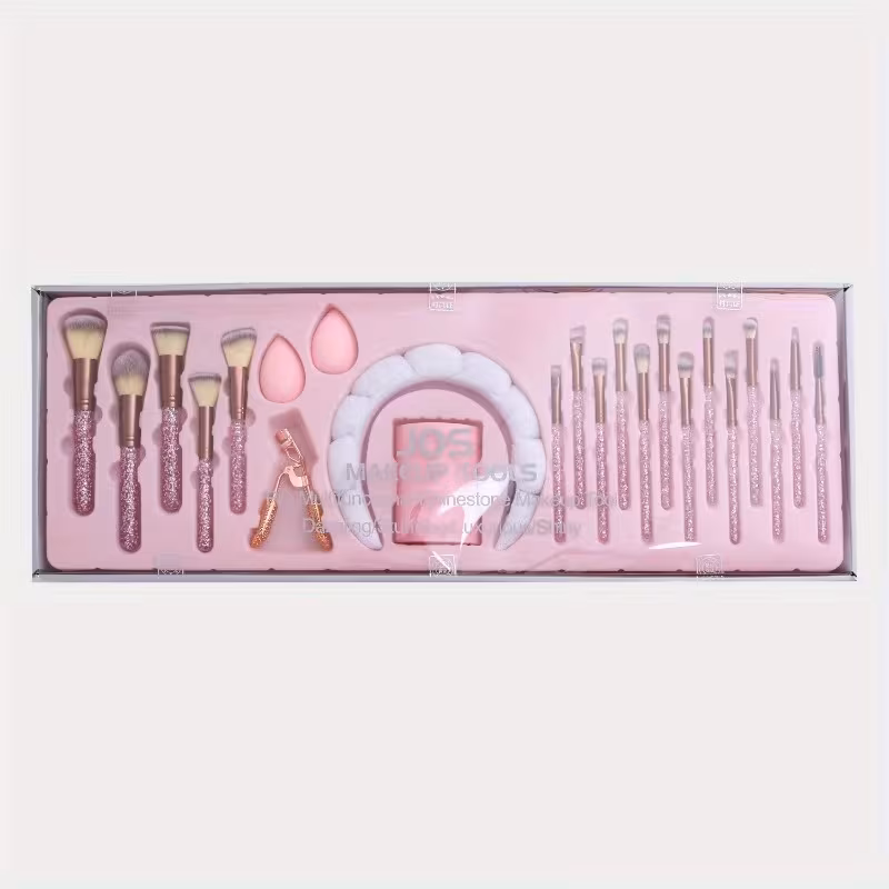 23pcs set makeup brush set with hoop eyelash curler shimmering beauty tools gift set for women acrylic wand nylon bristles normal skin type makeup brushes and additions