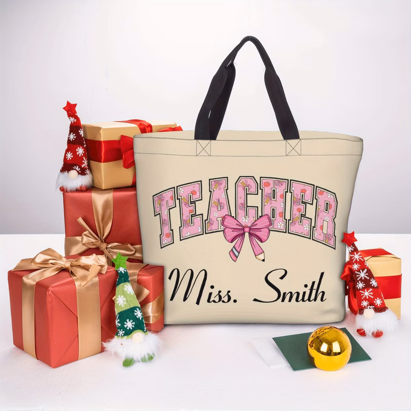 personalized teacher bag custom name text end of teacher gift pnk flor teacher patternbag handbag reusable bag with zipper teacher thank you gift