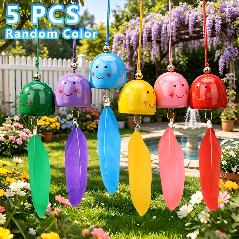 5 random color wind chimes with feather sets creative face hanging wind chimes metal materials bells festive decorative metal bell pendants suitable for outdoor courtyard hanging home garden decoratio