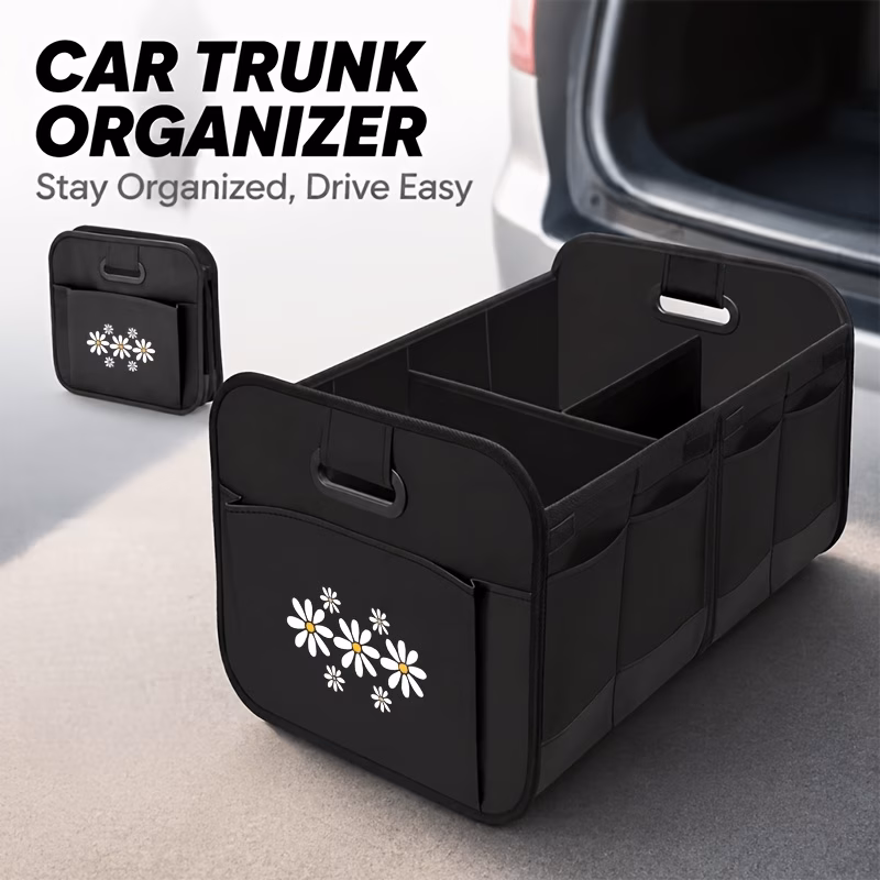 1 white daisies pattern print car folding storage box black minimalist luggage organizer space saving dust proof durable oxford material ideal for travel vehicle organization vehicle organization desi