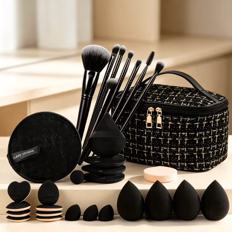 47pcs full makeup brush kit with scented mini cosmetic pouch all in tools containing blending sponges and portable travel makeup brushes for complete facial cosmetic application