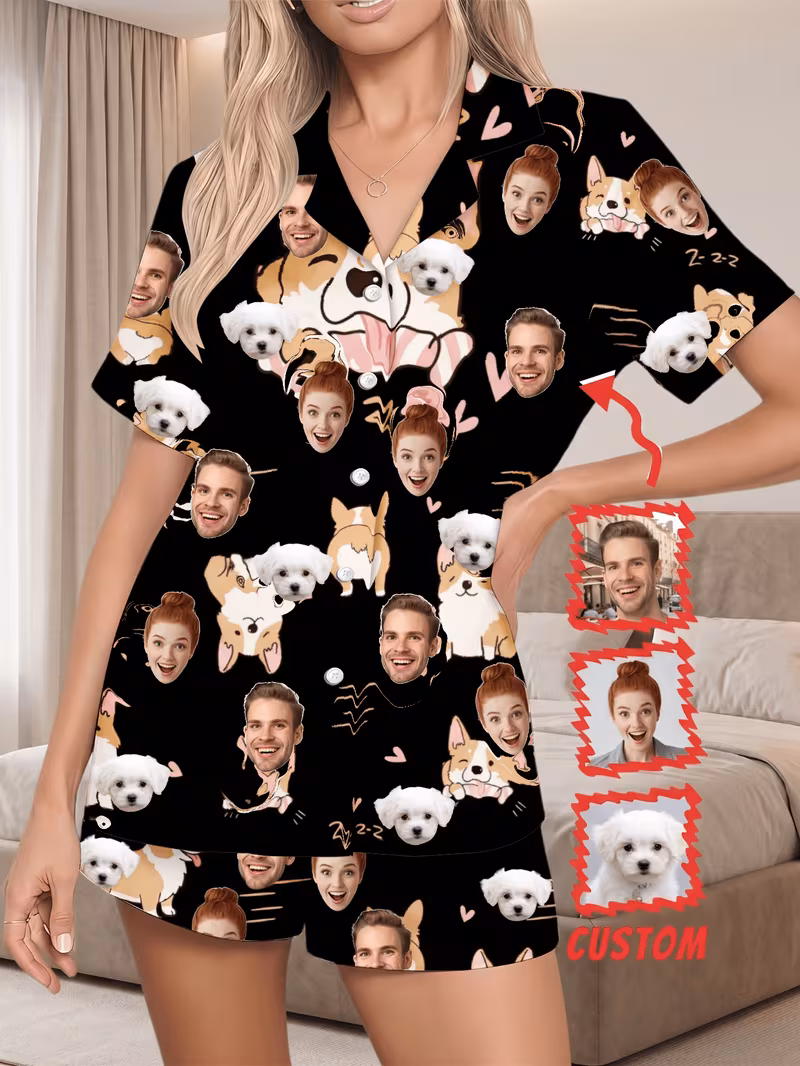 customizable face and pet photo personalized design womens sleepwear cartoon pattern with faces and dogs birthday or anniversary gifts ideal for couples or pet lovers at home