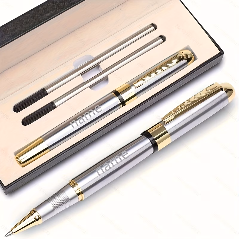 1 set of luxury personalized metal ballpoint pens with 2 refills and gift box black and silvery engraved with name office and business mens gifts 0 5mm refillable for smooth writing