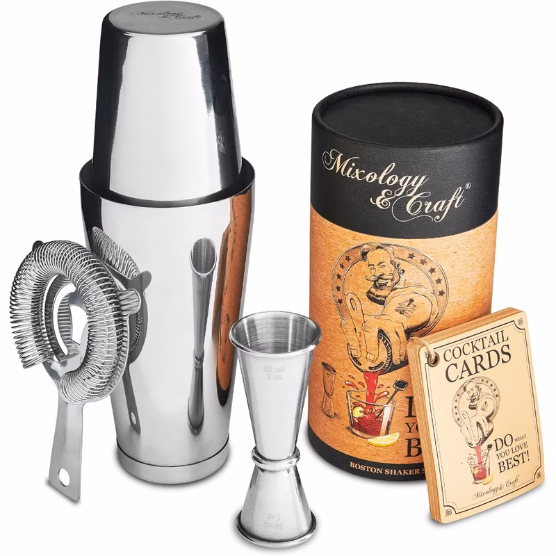 mixology cocktail shaker boston shaker set professional weighted martini shakers strainer and japanese jigger portable bar set for drink mixer bartending recipes cards silvery